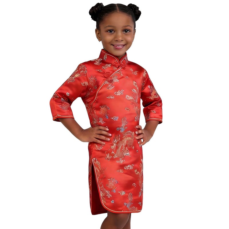 SZCQ Chinese Girls Dress Phoenix Qipao Half Sleeve Cheongsam Baby Girls Dresses Princess Birthday Party Costume (Dragon,6) - Image 1